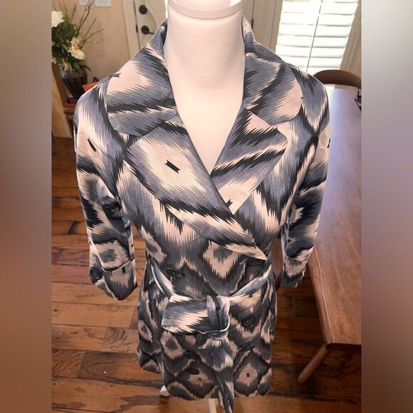 Vertigo Paris Belted Trench Coat XS Blue White Grey Ikat Print Double Breasted - Picture 4 of 8